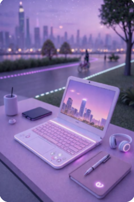 Espaço de trabalho com notebook em ambiente urbano ao entardecer